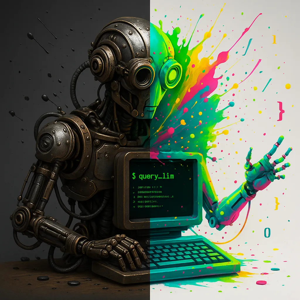 half black and white half coloured steampunk robot with a pc