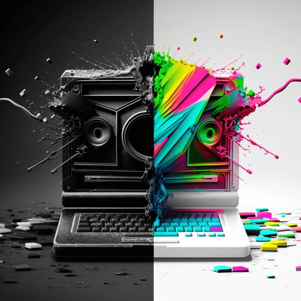 half black and white half coloured vintage computer